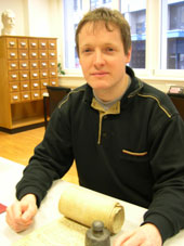 Walter Raaflaub at the Fribourg State Archives with the 1355 Vanel rent-roll